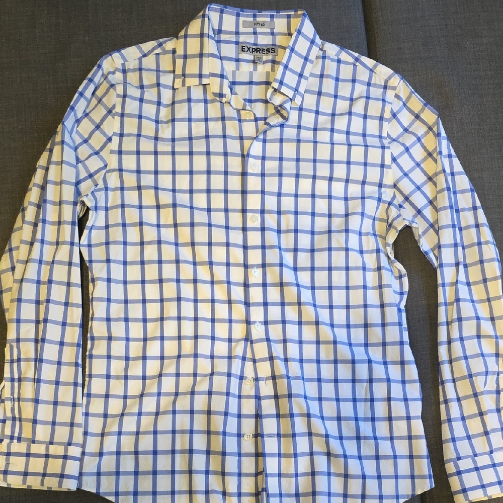 Express Men's White and Blue Plaid Shirt